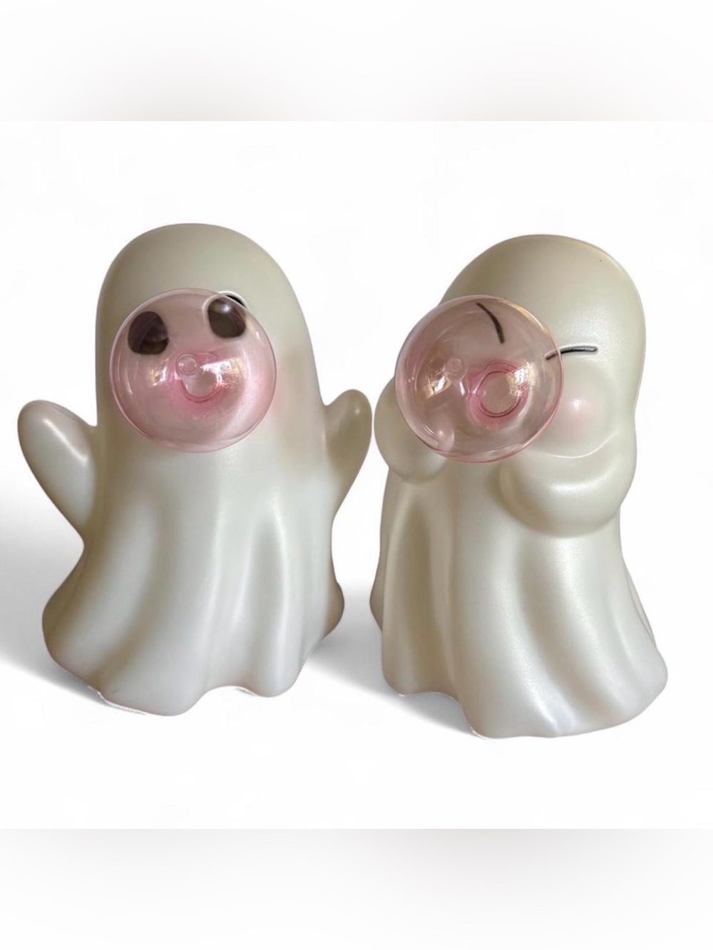 Pearlescent White Ghost Figurine Duo with Pink Accents
